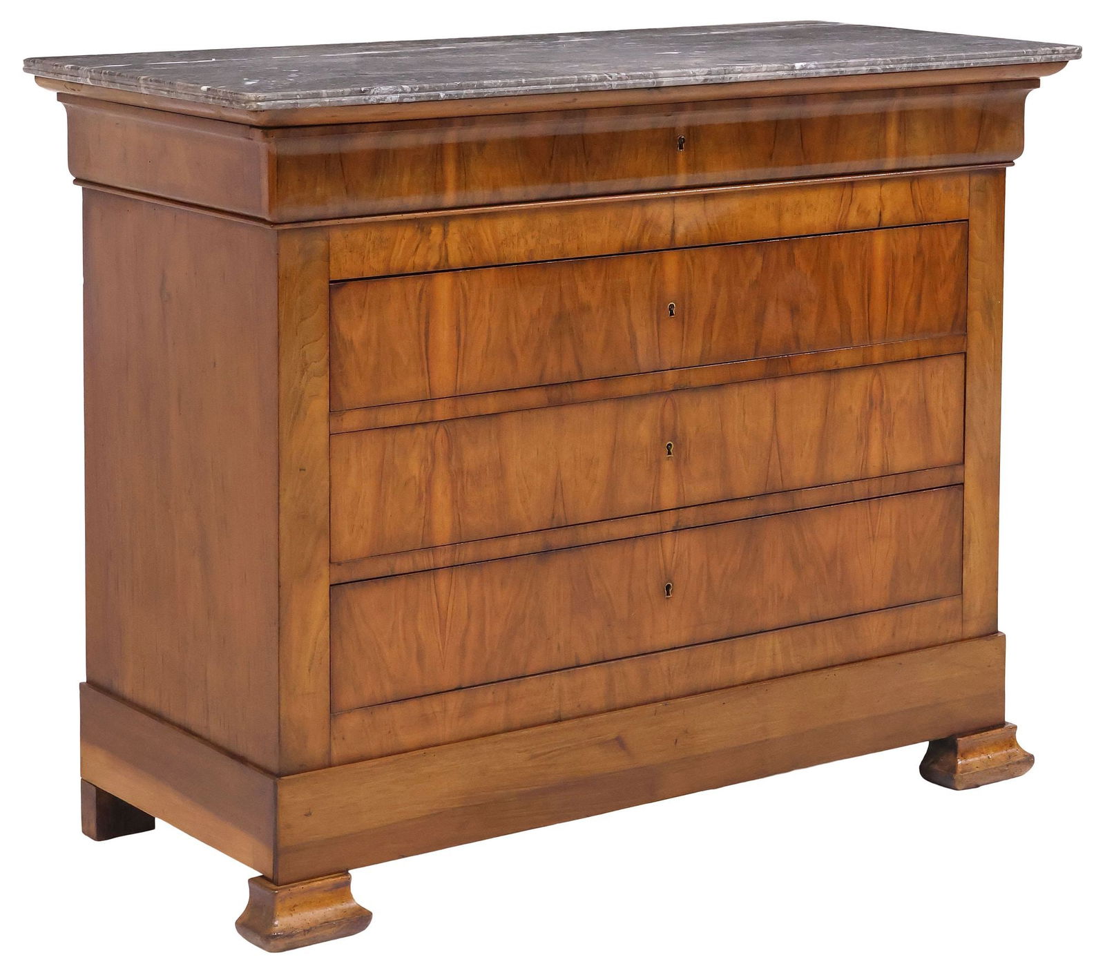 FRENCH LOUIS PHILIPPE PERIOD MARBLE-TOP WALNUT COMMODE: French Louis Philippe walnut commode, mid 19th c., having rounded rectangular marble top, over protruding frieze drawer, and three long drawers, rising on flared bracket feet, approx 39"h, 49.25&
