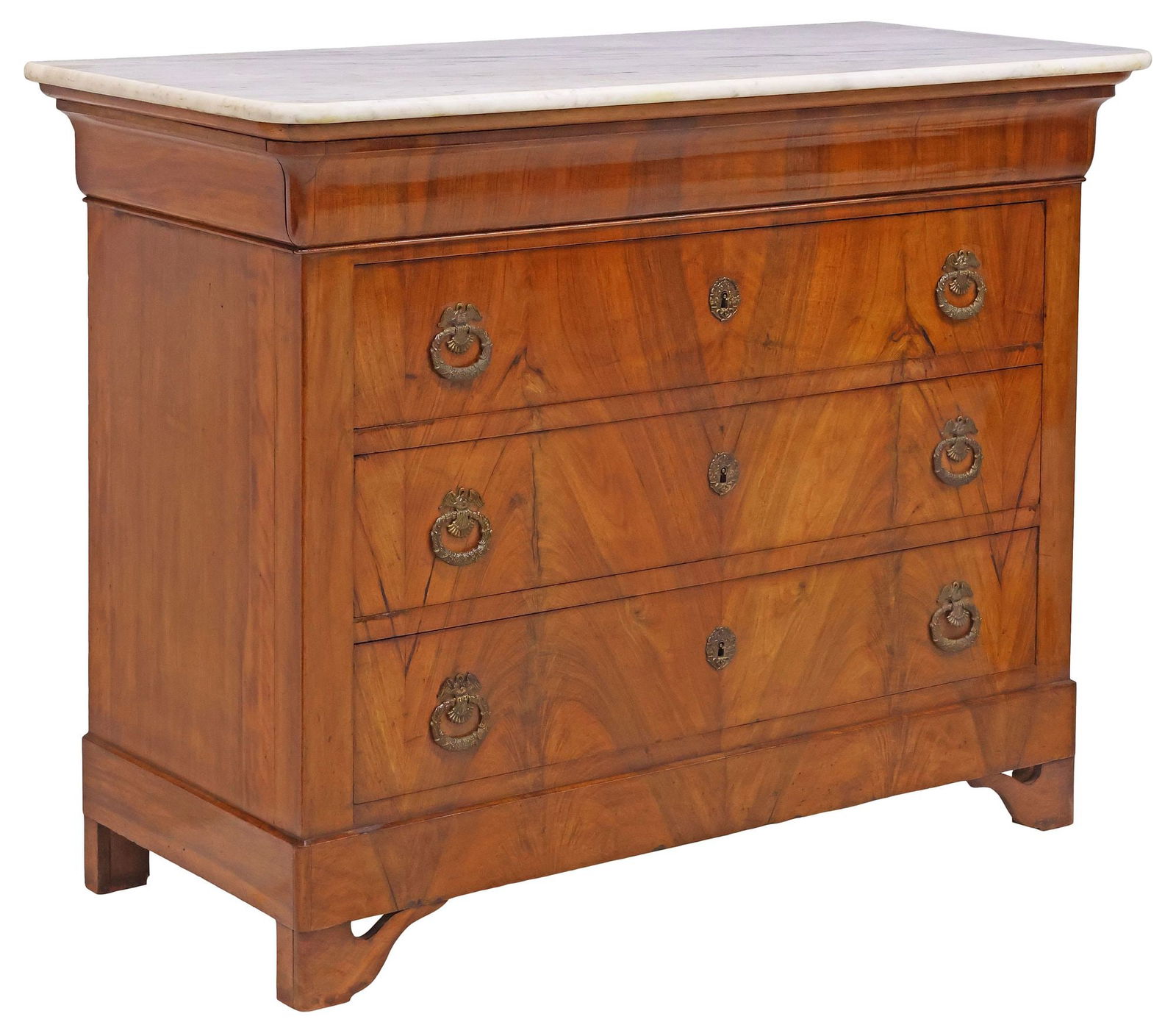 FRENCH LOUIS PHILIPPE MARBLE-TOP FIGURED WALNUT COMMODE: French Louis Philippe figured walnut commode, mid 19th c., having marble top with rounded corners, over protruding frieze drawer, and three long drawers, rising on bracket feet, marble intact with sma