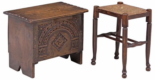 (2) ENGLISH RUSH-SEAT STOOL & CARVED OAK STORAGE CHEST