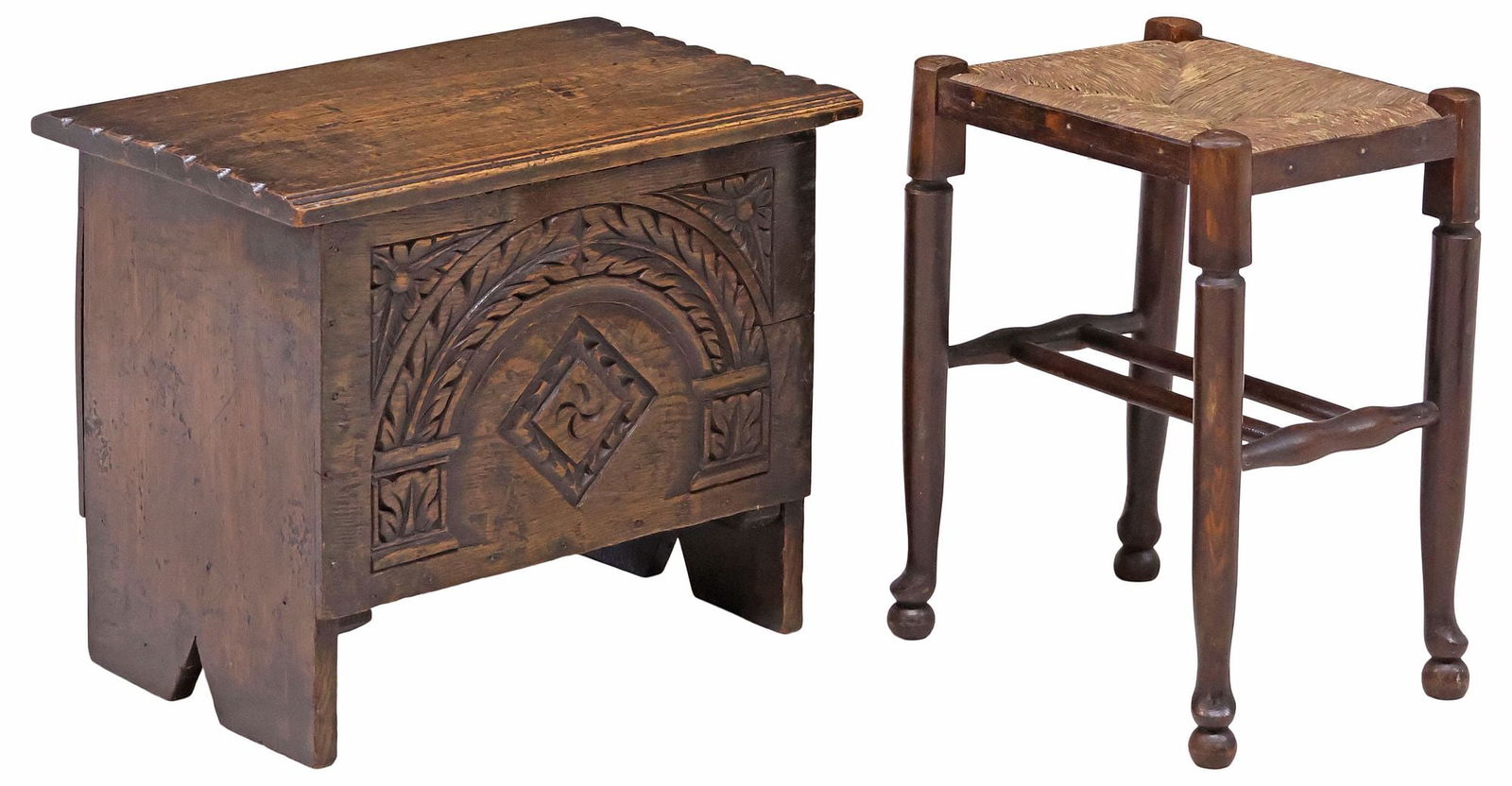 (2) ENGLISH RUSH-SEAT STOOL & CARVED OAK STORAGE CHEST: (lot of 2) English carved wood chest and stool, early 20th c., including: (1) oak storage chest, front facade with foliated arch, over fanned medallion, notched lid on iron strap hinges, revealing ope