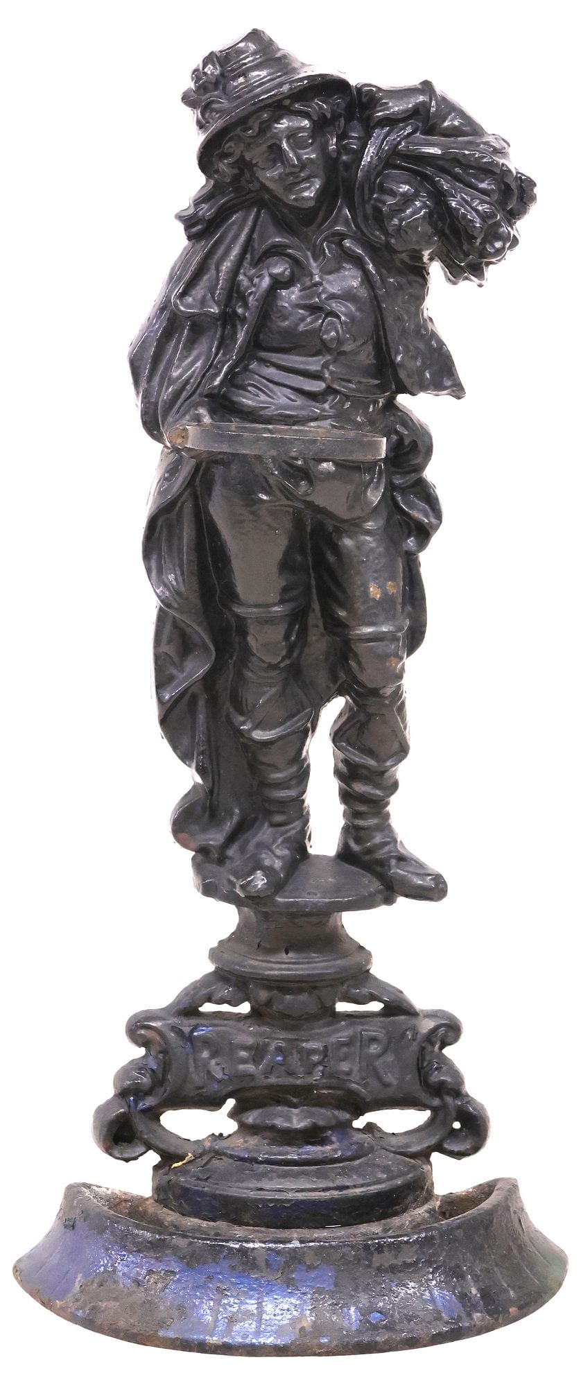 ENGLISH VICTORIAN FIGURAL 'REAPER' CAST IRON UMBRELLA / STICK STAND: English cast iron figural umbrella or stick stand, late 19th c., modeled as a male harvester, inscribed "Reaper" near base, approx 30.5"h, 13"w, 9"d