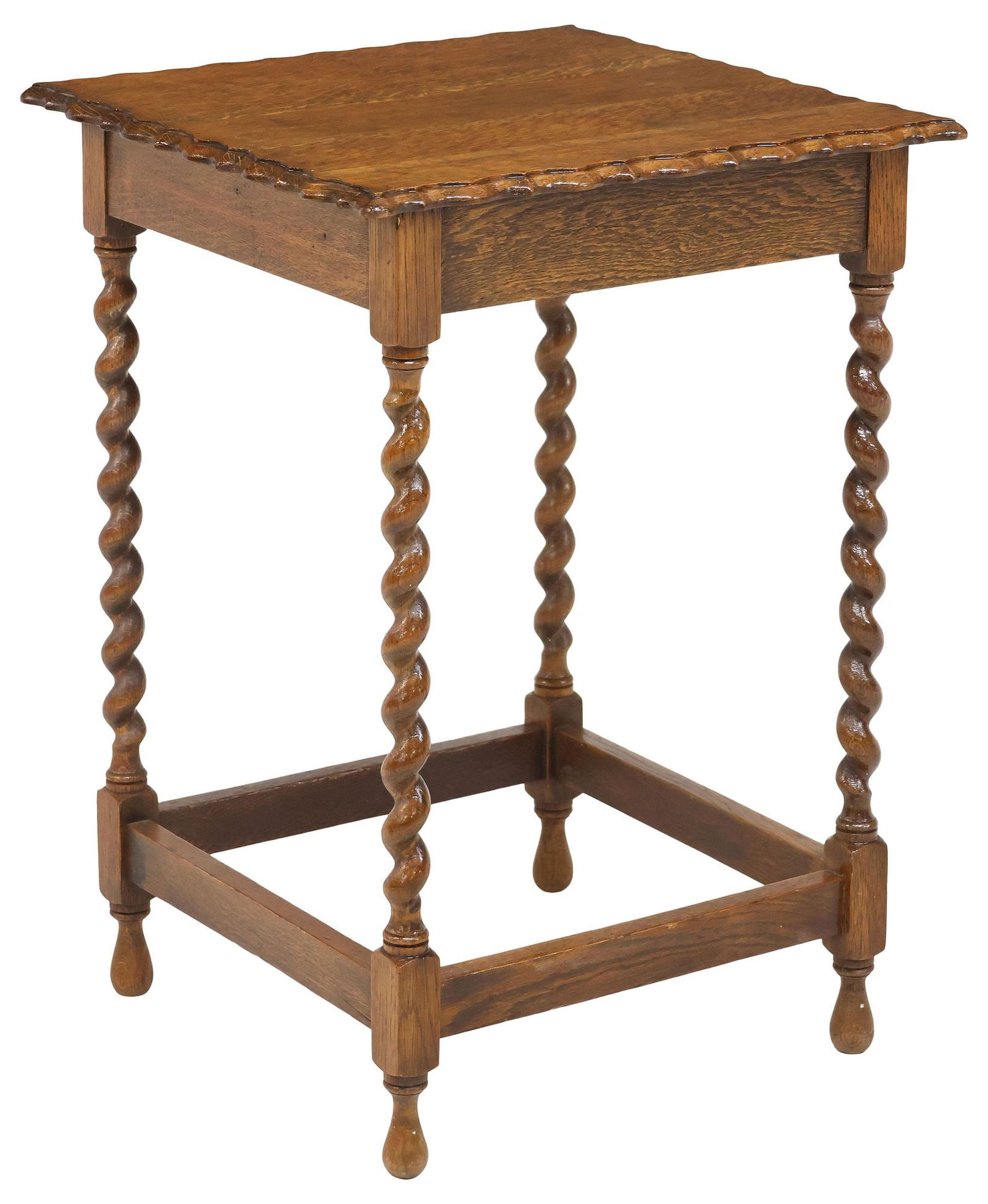 ENGLISH OAK BARLEY TWIST OCCASIONAL TABLE: English carved oak occasional/ side table, early 20th c., having square top with pie crust edges, rising on barley twist legs, joined by box stretcher, over turned feet, approx 28 1/8"h, 20.25"w, 19.7