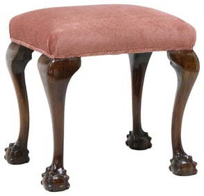 ENGLISH CHIPPENDALE STYLE UPHOLSTERED MAHOGANY OTTOMAN