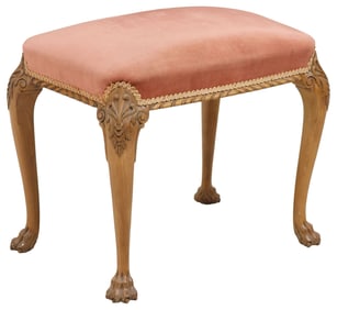 ENGLISH GEORGE II STYLE CARVED WALNUT UPHOLSTERED STOOL / OTTOMAN