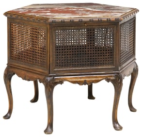 FRENCH LOUIS XV STYLE MARBLE-TOP WALNUT HEXAGONAL TABLE