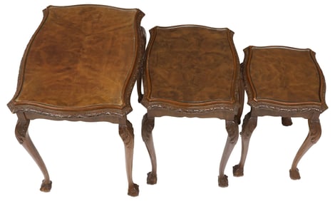 (3) ENGLISH CHIPPENDALE STYLE GLASS-TOP WALNUT NESTING TABLES