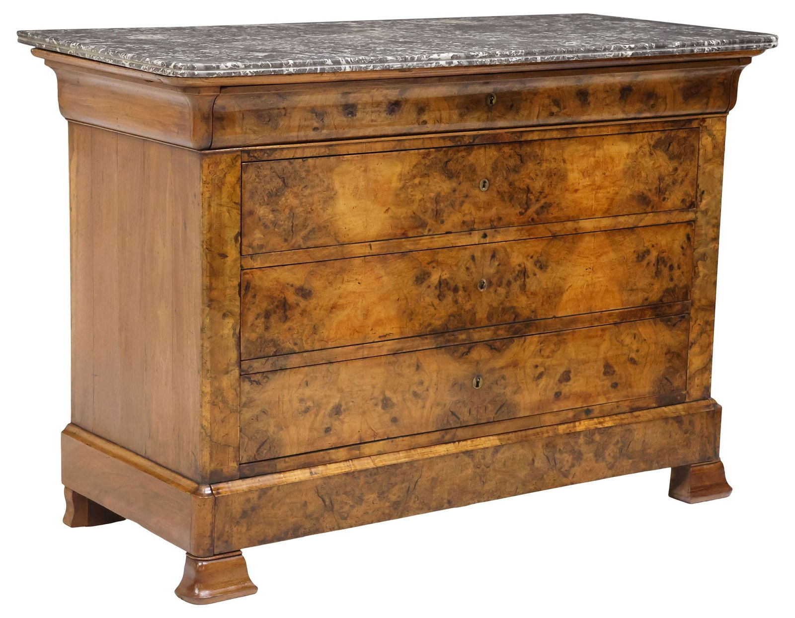 FRENCH LOUIS PHILIPPE PERIOD MARBLE-TOP BURL WALNUT COMMODE: French Louis Philippe burl walnut commode, mid 19th c., having molded-edge marble top, over protruding frieze drawer with divided interior, and three long drawers, apron concealing an additional long