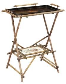 BAMBOO JAPANNED & TRANSFER PRINTED SERVICE TRAY TABLE