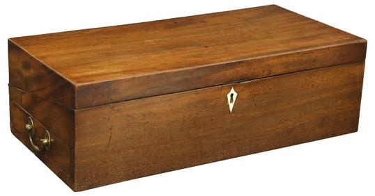 ENGLISH MAHOGANY BRASS-HANDLED WRITING SLOPE / TRAVEL DESK