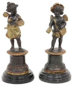 (2) PARCEL-GILT PATINATED BRONZE SCULPTURES, FAIRY & WINGED PUTTO