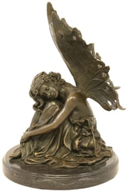 PATINATED BRONZE FIGURAL SCULPTURE SLEEPING FAIRY ON MARBLE BASE