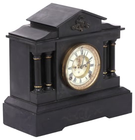 ANSONIA BLACK SLATE OPERATING MANTLE CLOCK, 1881 PATENT DATE