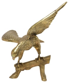 LARGE CAST BRASS SCULPTURE, EAGLE PERCHED ON BRANCH, 21"H