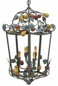 LARGE CURREY & COMPANY WROUGHT IRON & TOLE PAINTED 6-LT 'FRUIT' LANTERN, 34"L