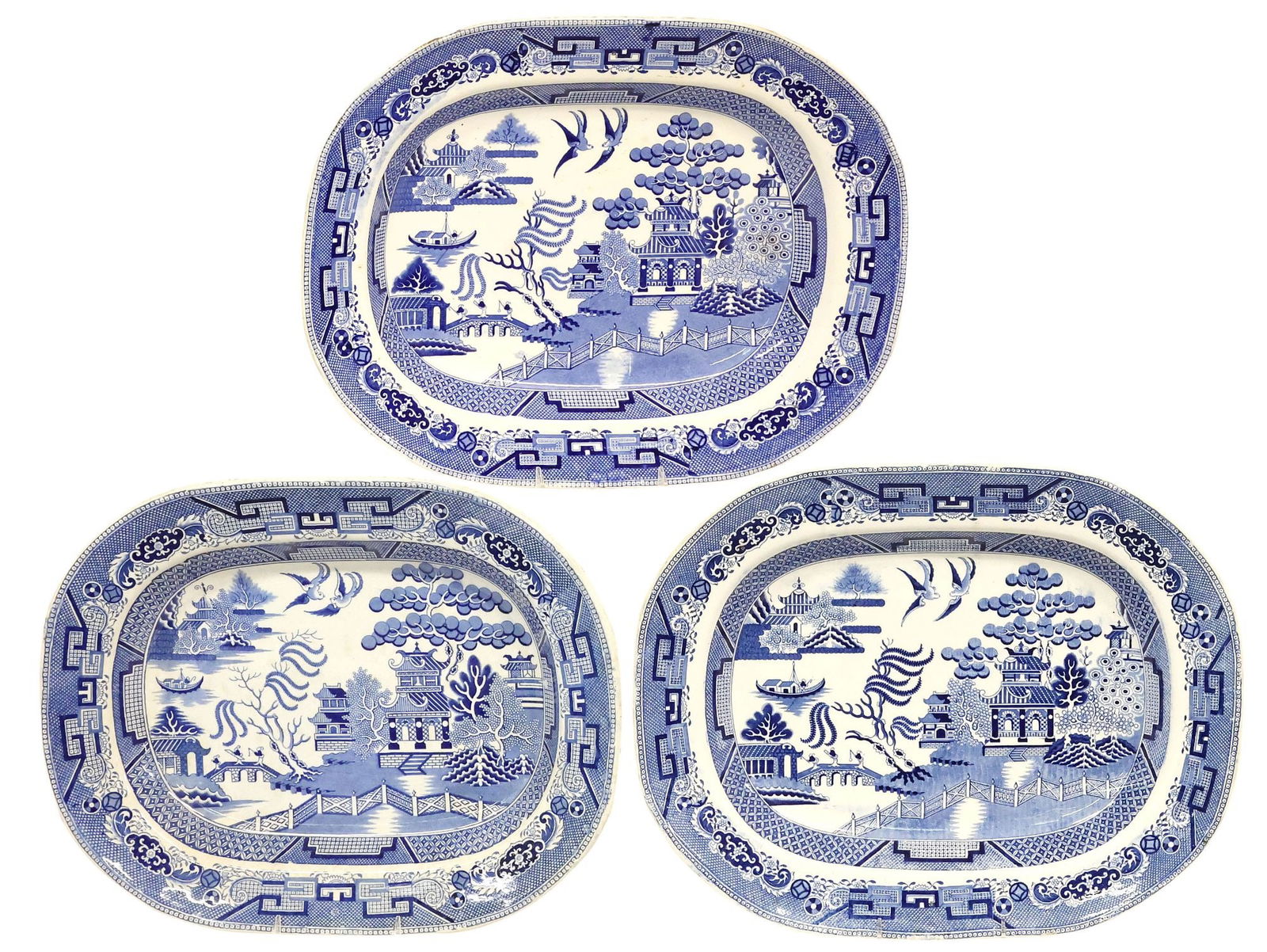 (3) ENGLISH STAFFORDSHIRE TRANSFERWARE 'BLUE WILLOW' PLATTERS (1 of 4)