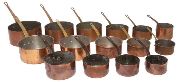 (15) FRENCH COPPER & METAL GRADUATED SAUCEPANS & MILK POT