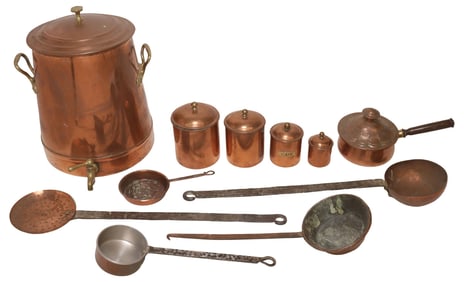 (11) FRENCH COPPER KITCHENWARE, BEVERAGE DISPENSER, POTS & PANS