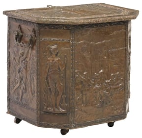 FRENCH BRASS-CLAD FIGURAL DECORATED REPOUSSE COAL BIN / BOX