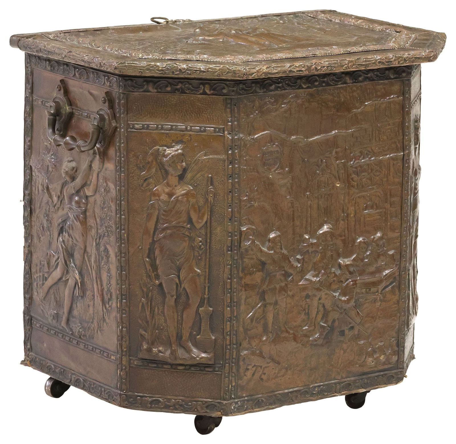 FRENCH BRASS-CLAD FIGURAL DECORATED REPOUSSE COAL BIN / BOX (1 of 6)