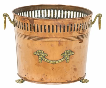 ENGLISH EDWARDIAN COPPER & BRASS PIERCED COAL BUCKET