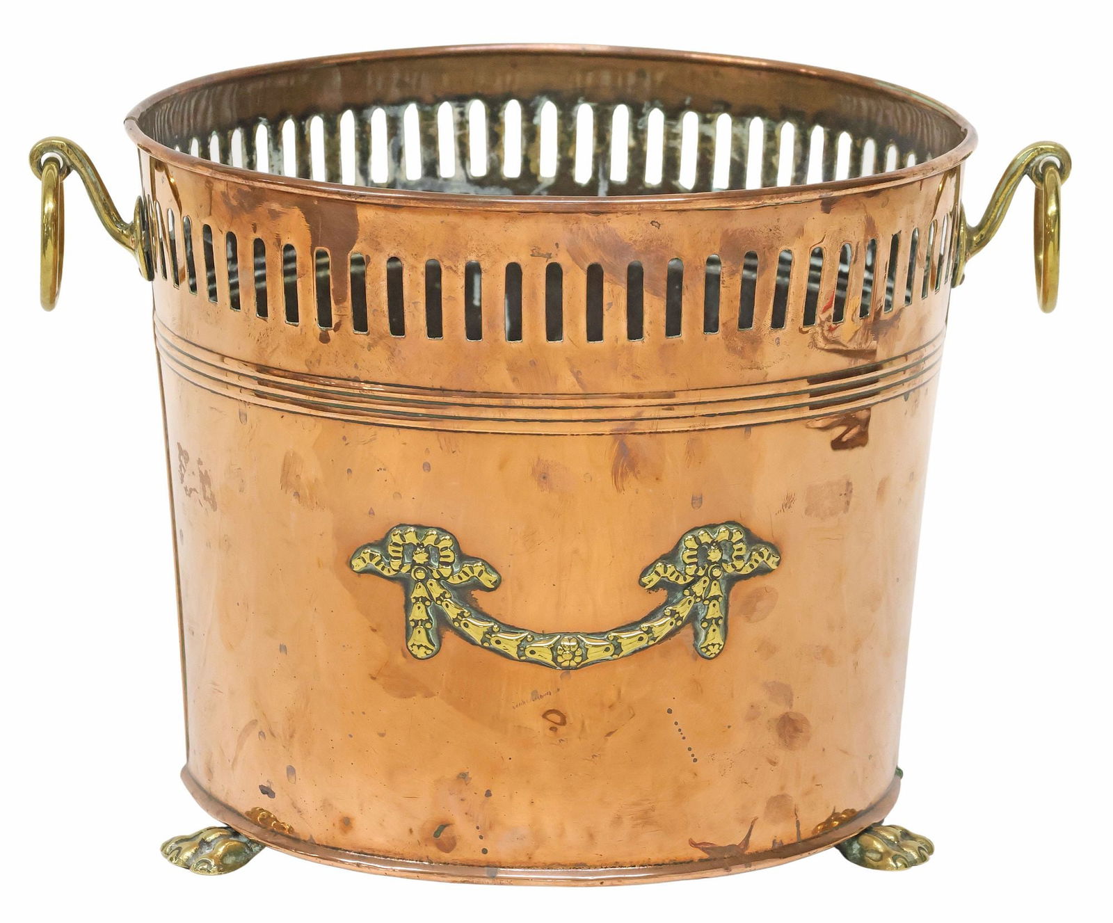 ENGLISH EDWARDIAN COPPER & BRASS PIERCED COAL BUCKET (1 of 4)