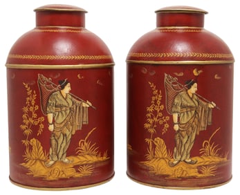 (2) ENGLISH CHINOISERIE TOLE PAINTED TEA CADDIES