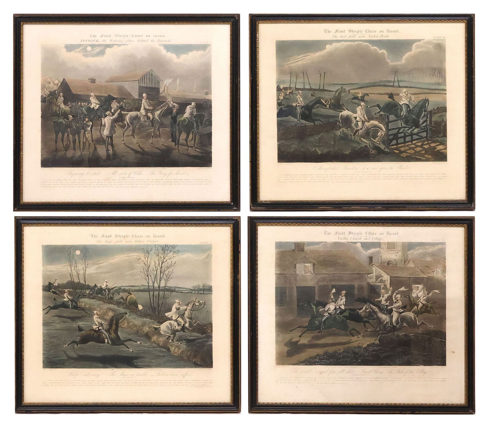 (4) AFTER HENRY ALKEN (D.1851) AQUATINTS, 'THE FIRST STEEPLE-CHASE ON RECORD': (lot of 4) Framed hand-tinted aquatint etchings on paper, plates from "The First Steeple-Chase on Record," after Henry Thomas Alken (English, 1785-1851), engraved by John Harris Jr. (English, 1791-187