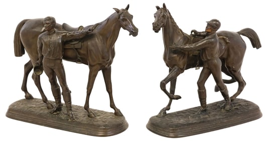(2) PATINATED METAL EQUESTRIAN SCULPTURES, RACEHORSES & JOCKEYS