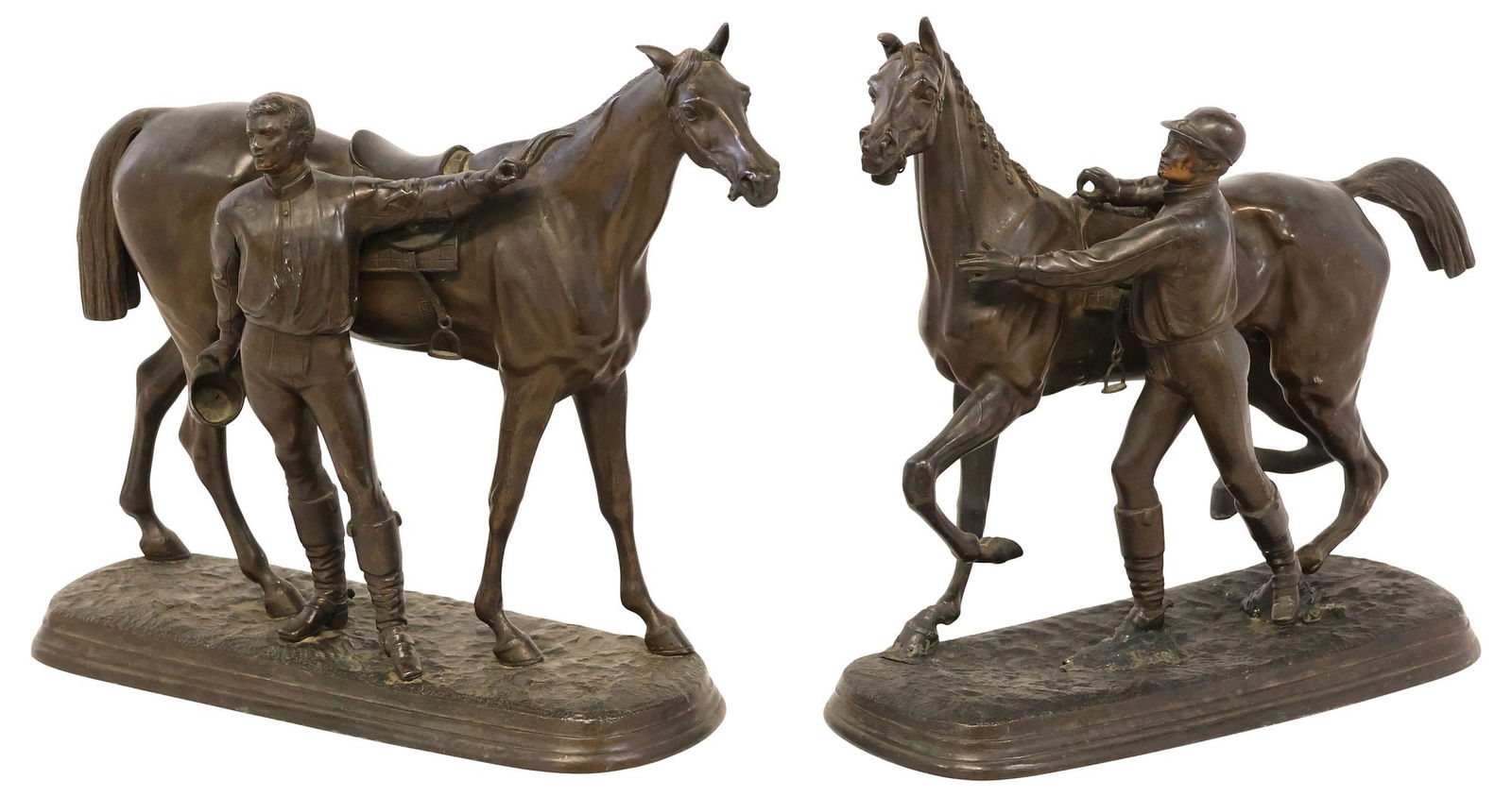 (2) PATINATED METAL EQUESTRIAN SCULPTURES, RACEHORSES & JOCKEYS (1 of 3)