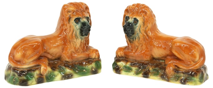 (2) ENGLISH STAFFORDSHIRE LION MANTEL FIGURES