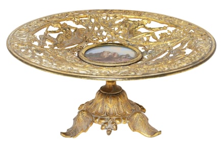 CLASSICAL STYLE PIERCED GILT-METAL TAZZA W/ PAINTED CASTLE ROUNDEL