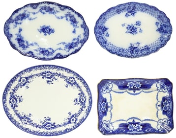 (4) ENGLISH STAFFORDSHIRE TRANSFERWARE PLATTERS, 2 FLOW BLUE