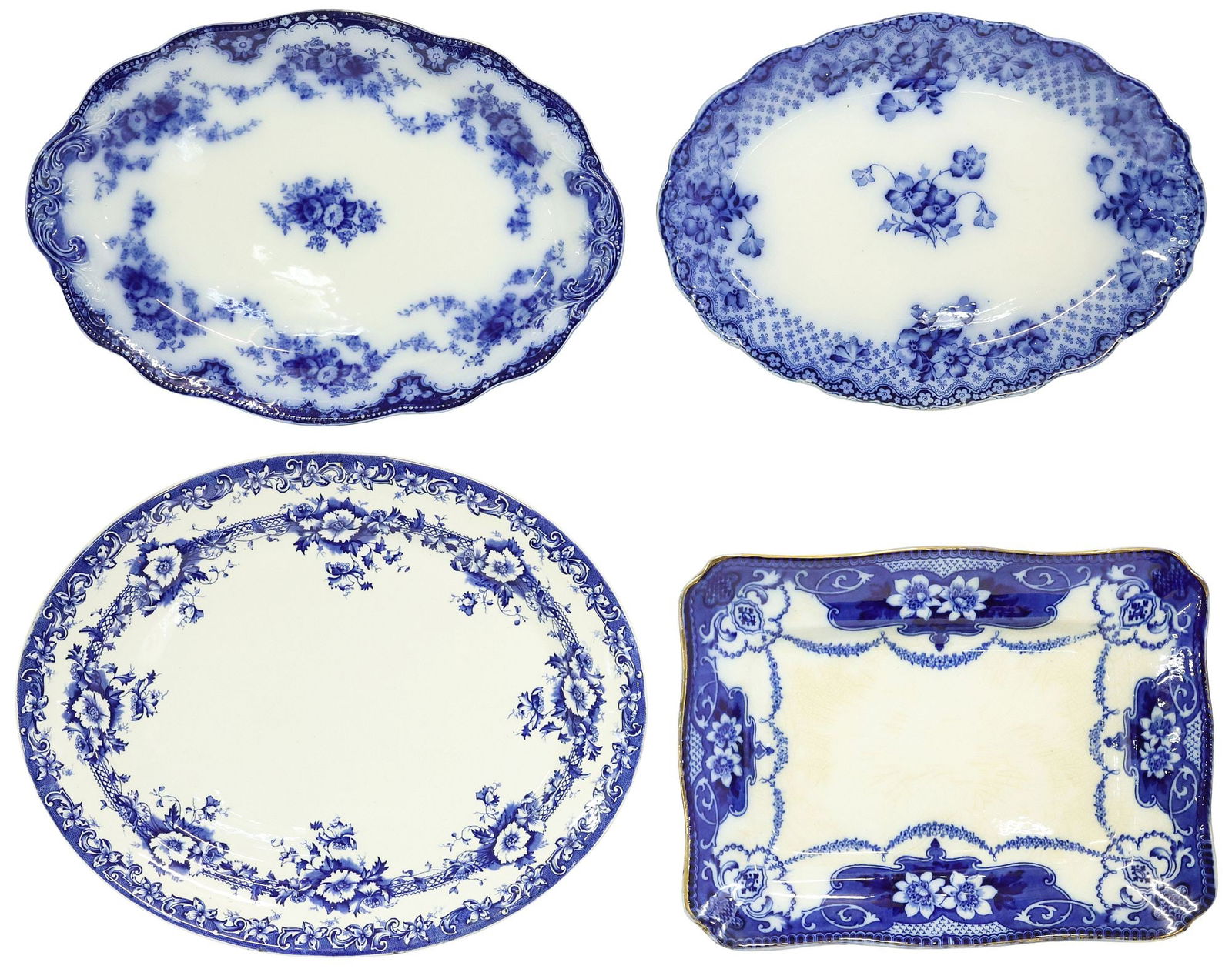 (4) ENGLISH STAFFORDSHIRE TRANSFERWARE PLATTERS, 2 FLOW BLUE: (lot of 4) English Staffordshire blue and white ceramic platters, 19th c., each having unique transferred design, highlights including: (2) F & Sons, marked underfoot, (one) flow blue floral pattern,