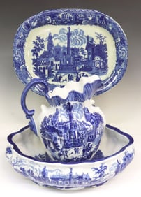 (3) ENGLISH BLUE & WHITE TRANSFERWARE WASH JUG, BASIN & PLATTER