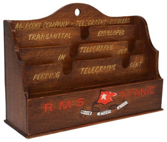 ENGLISH OAK LETTER RACK, LATER RMS TITANIC PAINT DECORATION