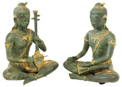 (2) THAI VERDIGRIS PARCEL-GILT BRONZE MUSICIAN FIGURES
