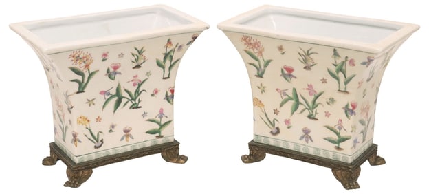 (2) CHINESE GILT METAL MOUNTED PORCELAIN FLORAL VASES / CACHEPOTS