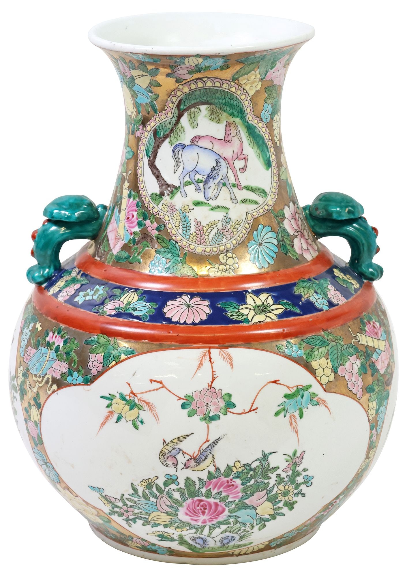 CHINESE PARCEL-GILT FAMILLE ROSE PORCELAIN VASE: Chinese famille rose enameled porcelain vase, having flared rim over bulbous body, parcel-gilt decoration with floral medallions, with horse and bird motifs, stylized figural handles, honorific multi-