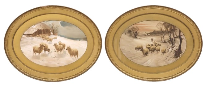 (2) OVAL FRAMED PRINTS, SHEEP IN BUCOLIC WINTER LANDSCAPES