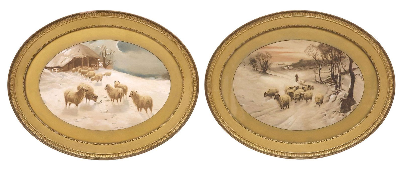 (2) OVAL FRAMED PRINTS, SHEEP IN BUCOLIC WINTER LANDSCAPES (1 of 4)