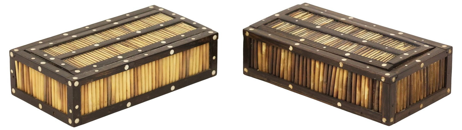(2) ANGLO-INDIAN INLAID PORCUPINE QUILL TABLE BOXES: (lot of 2) Anglo-Indian porcupine quill card boxes, 19th c., each with inlaid bone accents, sliding lid enclosing open interior, approx 1.75"h, 6.75"w, 3.75"d, 1.25lbs total