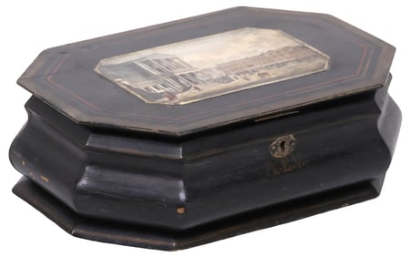 ENGLISH VICTORIAN PAINTED PINE OCTAGONAL TOWN HALL BARTHOLOMEWS SOUVENIR BOX