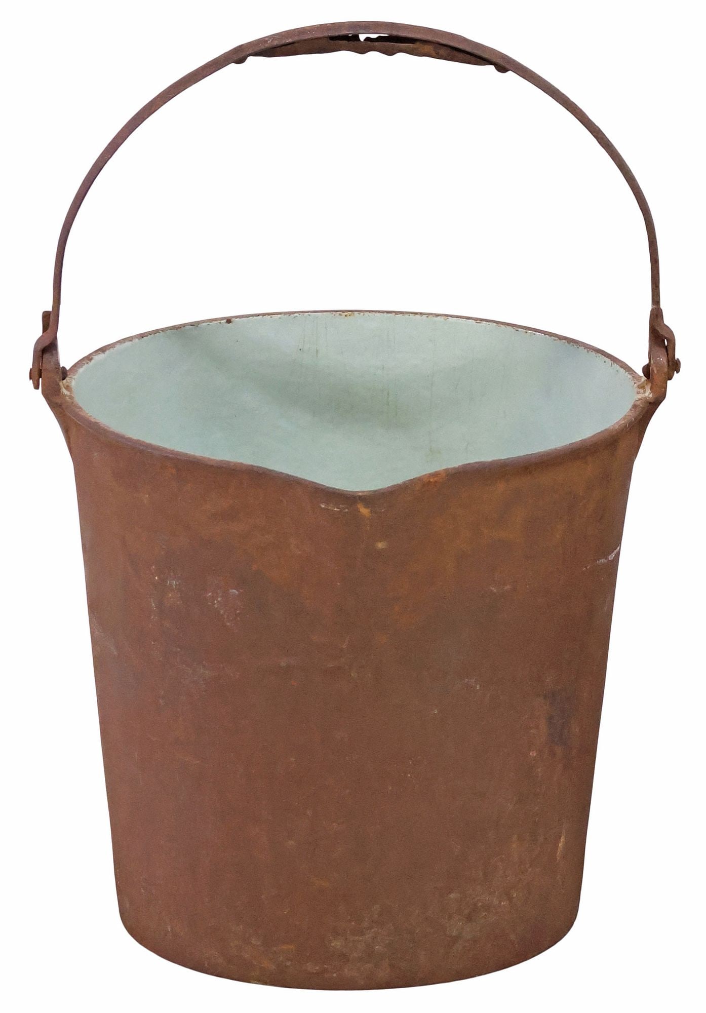 ENGLISH VICTORIAN CAST IRON COAL / ASH BUCKET: English Victorian cast iron coal or ash bucket, 19th c., having bail handle, over pinched spout and painted interior, approx 13.5"h, 13.5"w, 13.75"d, 19lbs **Note: one of a pair offered in this auctio