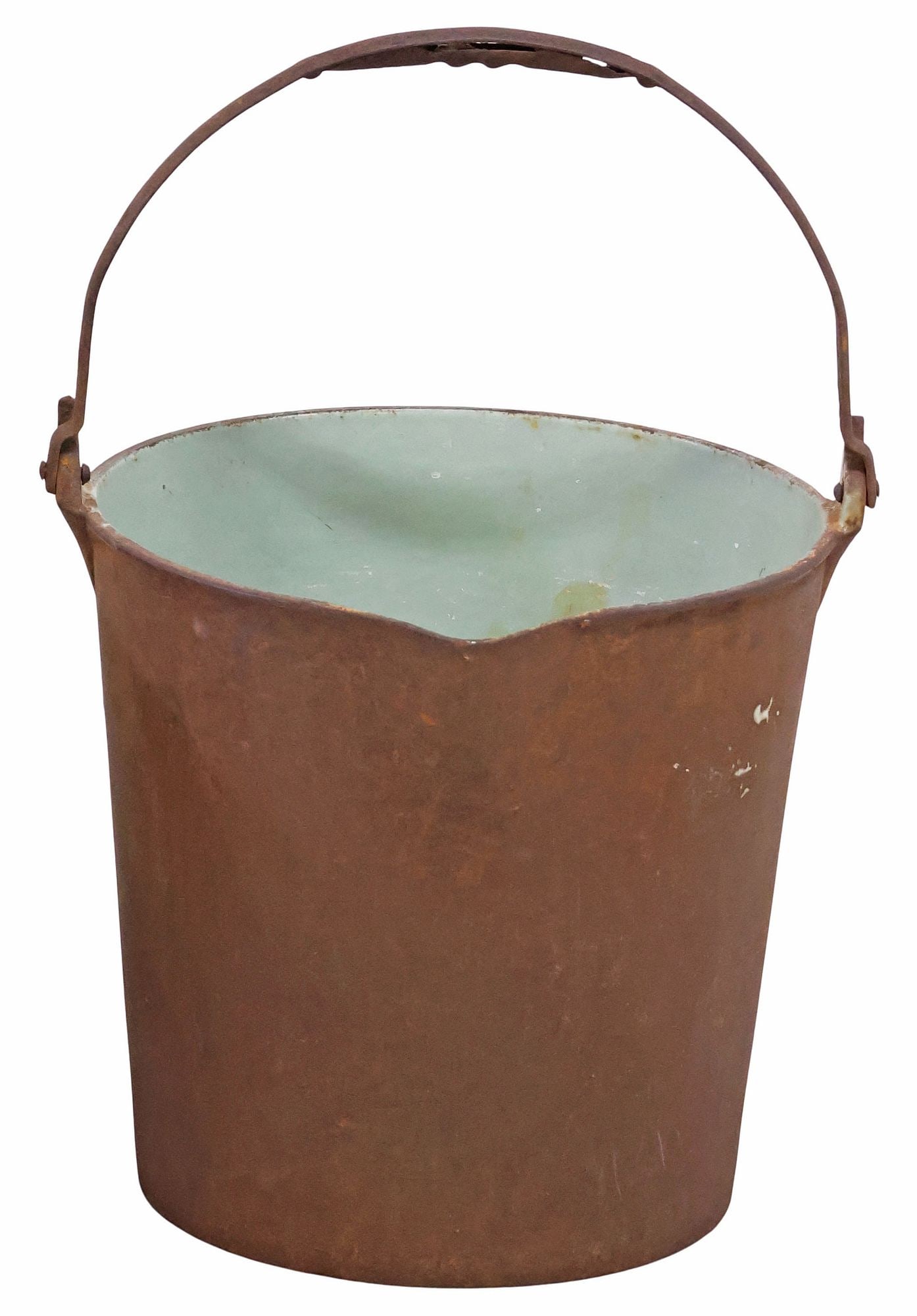 ENGLISH VICTORIAN CAST IRON COAL / ASH BUCKET: English Victorian cast iron coal or ash bucket, 19th c., having bail handle, over pinched spout and painted interior, approx 13.5"h, 13.5"w, 13.75"d, 19lbs **Note: one of a pair offered in this auctio
