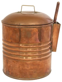 ENGLISH EDWARDIAN COPPER & BRASS COAL BIN WITH SCOOP