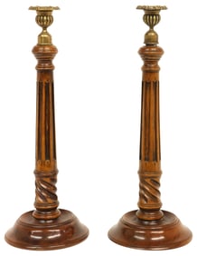 (2) ENGLISH GEORGIAN STYLE GILT METAL & MAHOGANY CANDLESTICKS