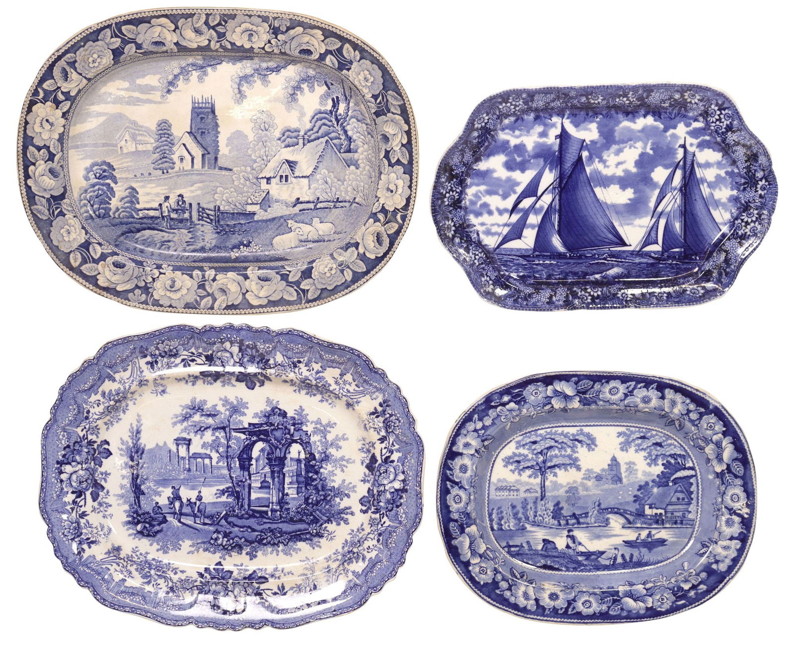 (4) ENGLISH STAFFORDSHIRE BLUE & WHITE TRANSFERWARE PLATTERS (1 of 5)