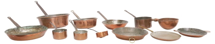 (12) FRENCH COPPER KITCHENWARE, POTS, PANS & COLANDER