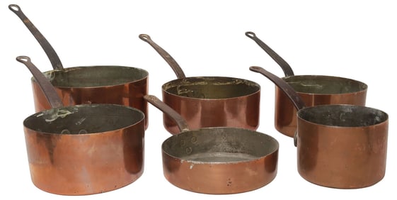(6) FRENCH COPPER & IRON KITCHENWARE, SAUCEPANS