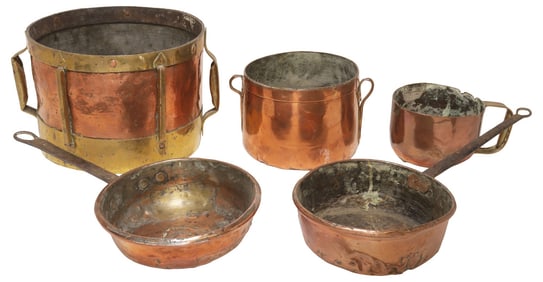 (5) FRENCH COPPER & METAL KITCHENWARE, POTS, PANS & GRAIN MEASURE